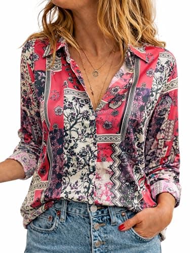 CUNLIN Women Button Down Blouses Dressy Casual Puff Long Sleeve Spring Tops Boho Floral Shirts Fashion Silk Blouse Vintage Floral Size M - Image 1