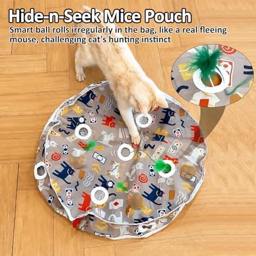 BENTOPAL Cat Toys for Indoor Cats, Interactive Ball & 9 Holes Play Mat, Hide-n-Seek Exercise Game, Automatic Ball in Pouch, Mouse Squeaky Stimulating Toy, Motion Activated Kitten Enrichment Toys - Thumbnail 3