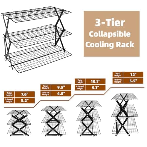 3 Tier Collapsible Cooling Rack with Adjustable 6 Setting Design stackable wire rack for baking sheet for Cookies Baking Gifts for Women (Black, 3-Tier) - Thumbnail 3