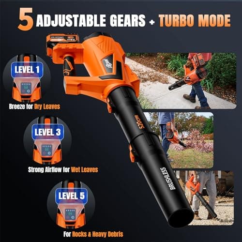 17000 RPM Cordless Leaf Blower with DECERK 7.8AH Battery - 530CFM Powerful Brushless Motor for Lawn Care, 5-Speed Turbo Electric Blower for Dust, Wet-Leaves, Car, Gutters, Lightweight Garden Tool - Thumbnail 4