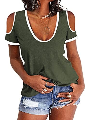 Dellytop Women's Cold Shoulder Top Casual Scoop Neck Short Sleeve T-Shirt Army Green - Image 1