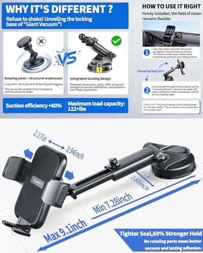 [2026 True Military-Grade] Car Phone Holder RayLink[Upgraded Strongest Suction & Clip] Cell Phone Mount for Dashboard Windshield Vent Wall,Truck Cradle Stand for iPhone 17 Pro Max 16 15 14 13 Android - Thumbnail 3