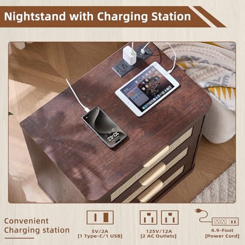 LEYAOYAO Rattan Night Stand Set of 2 with Charger Station, 23" Large 3 Drawer Boho Nightstand, Walnut Bedside Table Storage Cabinet, Bed Side End Tables for Bedroom, Living Room, Hallway - Thumbnail 5