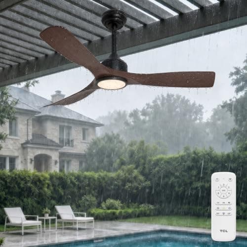 TCL Waterproof Ceiling Fan with Lights: 52 Inch 3 Blade Ceiling Fan with Remote Control, Quite Reversible DC Motor, 6 Speed, Noiseless, Downrods Ceiling Fans for Outdoor (Black + Walnut, 52inch) - Image 1