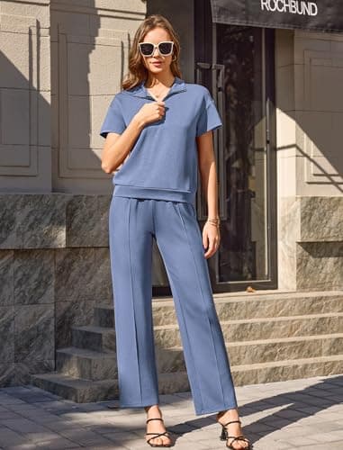difficort Women's 2 Piece Matching Lounge Sets Summer Lapel Half Zip Sweatshirts Wide Leg Pants Casual Sweat Suit, Haze Blue, Small - Thumbnail 5