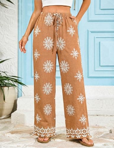 LOOKBOHO Women's Wide Leg Pants with Pockets High Waist Loose Casual Trousers Casual Pants with Pockets Khaki Floral L - Thumbnail 5