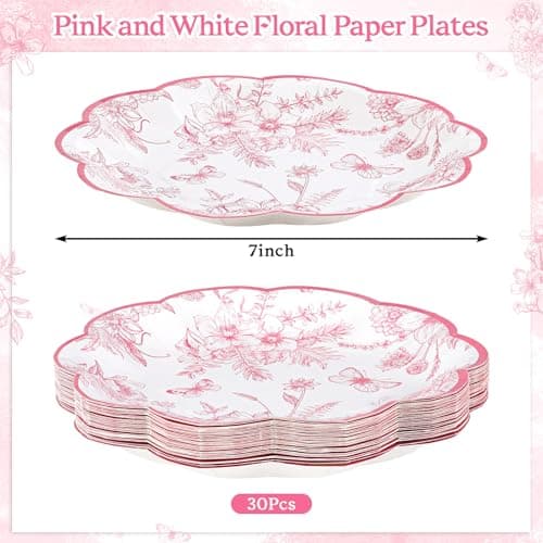 NatNarr 30 Pcs Pink Floral Paper Plates, 7 inch Tea Party Plates Vintage Flower Toile Plate Pink and White Dessert Plate Disposable for Baby Bridal Shower Birthday - Thumbnail 2