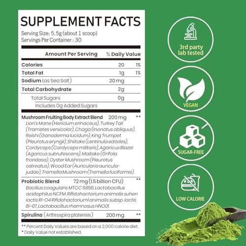 Mushroom Matcha with 12 Mushrooms with Lion's Mane, Chaga and Probiotics, Ceremonial Grade Matcha Powder for Focus, Digestion & Immunity - 30 Servings - Thumbnail 2