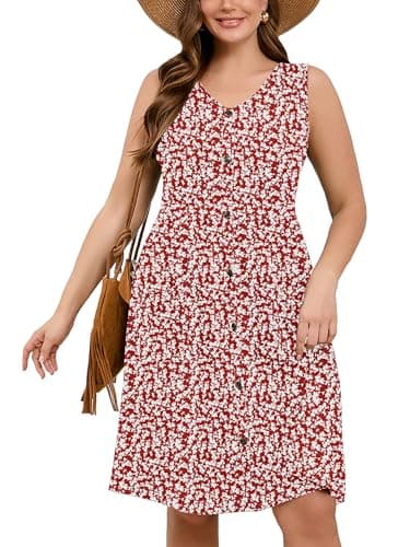 AusLook Plus Size Women Summer Dress Sleeveless V Neck Casual Cute Loose Sundress Maple Leaf 1X Comfy Swing Button Down Midi Work Flowy Tunic Ladies Beach Vacation Teacher Dresses with Pockets - Image 1