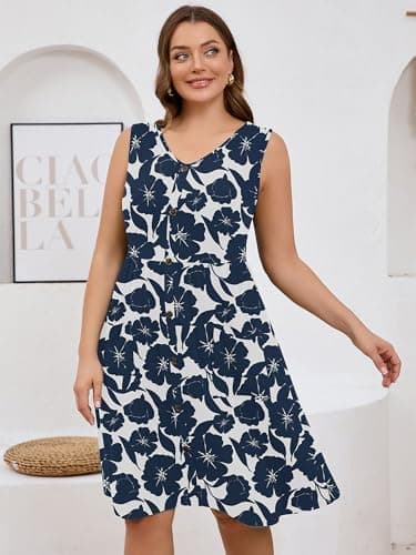 AusLook Plus Size Women Summer Dress Sleeveless V Neck Casual Cute Loose Sundress Peony Silhouette 5X Comfy Swing Button Down Midi Work Flowy Tunic Ladies Beach Vacation Teacher Dresses with Pockets - Thumbnail 6