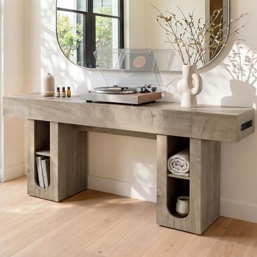 OMCHOM 79 Inch Long Console Table with Outlet, Entryway Table with Storage Shelves, Thick Heavy Duty High Density MDF Farmhouse Sofa Table for Hallway Behind Couch,Living Room（Natural） - Image 1