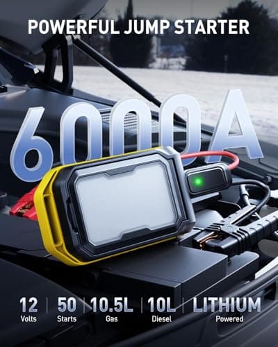 AUXITO Jump Starter: 6000A Car Portable-Battery Jumper Box with 4000LM LED Outdoor Camping Light and Power Bank Function, Up to 10.5L Gas and 10L Diesel Engines, USB Ports and Jumper Cable Included - Thumbnail 4