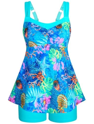 HUSKARY Plus Size Swimsuits Tankini Swimsuit Modest Tummy Control Swimming Suits Two Piece Swimwear 18W Blue Printed