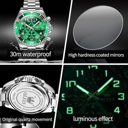 OLEVS Watches for Men Green Big Face Silver Stainless Steel Dress Chronograph Moon Phase Mens Watches Analog Quartz Cheap Waterproof Luminous Fashion Men's Wrist Watches - Thumbnail 5