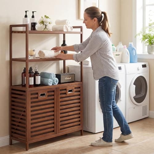 Baveke Bamboo Tilt Out Laundry Hamper with 3 Tier Shelves, Hidden Laundry Hampers with 2 Removable Bags, Pull Out Laundry Hamper Cabinet, Bathroom Storage Shelf for Laundry Room, FSC-Certified, Brown - Thumbnail 4