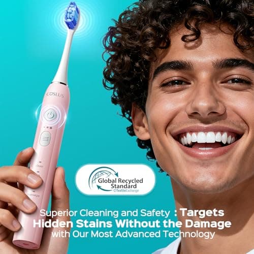 COSLUS C30 Electric Toothbrush for Adults & Kids: 3 Intensities & 5 Modes for Effective Yet Gentle Ultra-Clean Feel, 2 Types of Heads for Gentle or Daily Care, Travel & Home Use, Pink, 1PC - Thumbnail 6