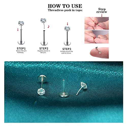 COTATI 18g Nose Stud Flat Back Studs Earrings Piercing Jewelry for Women,Surgical Steel Threadless Long Push Pin Labret Tragus Cartilage Lip Rings Stud (Silver,18G 2/3/4mm CZ) - Thumbnail 5