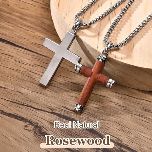 Wooden Cross Necklace for Men-Hawaiian Real Handmade Ebony Wood Cross Pendant Necklace Stainless Steel Chain, Mens Brown Cross Necklaces Koa Wood Jewelry Christian Baptism Crucifix Pendant for Men - Thumbnail 5