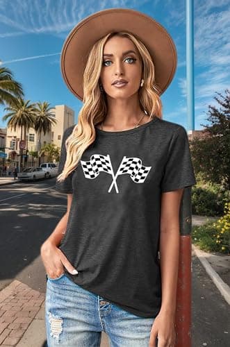 IsPICK Start Your Engines Shirt for Women Racing Car Checkered Graphic Tees - Thumbnail 2