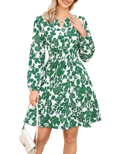 Spring Dresses for Women 2026,Casual Long Sleeve Floral Mini Dress,Dark Green Floral Wedding Guest Dress M - Image 1