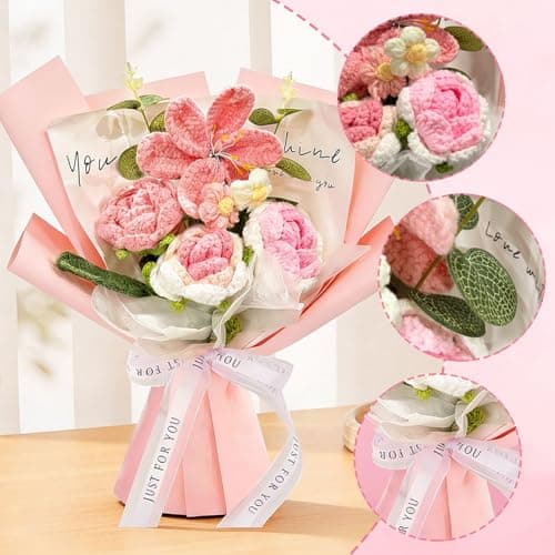 Tikitup Crochet Flowers Bouquet, Handmade Knitted Flowers Pink Crochet Bouquet for Mother's Day, Valentine's Day, Anniversary, Wedding, Birthday, Home Décor, Gifts for Mom, Lovers, Friends - Thumbnail 3
