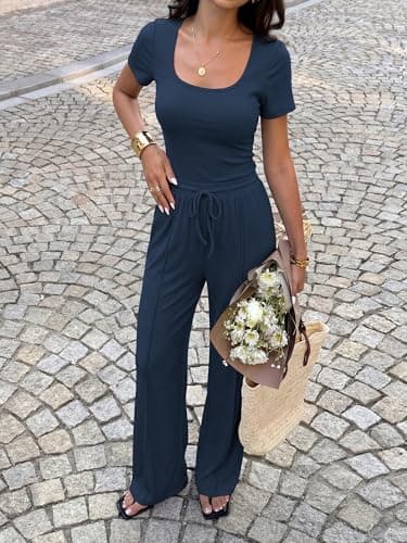 BTFBM Womens Spring 2 Piece Outfits 2026 Summer Square Neck Short Sleeve Drawstring Pants Knit Lounge Matching Sets(Navy, Small) - Thumbnail 6