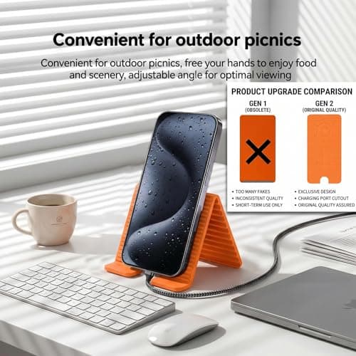 Adjustable Foldable Silicone Phone Stand, Yellow, with Charging Port, Non-Slip Desk Holder for iPhone, Samsung, Tablets - Thumbnail 4