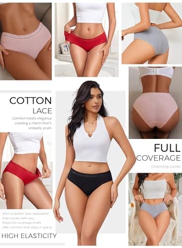 READY TO LOVE Cotton Underwear for Women 6 Pack Full Coverage Briefs Sexy Panties Lace Waistband Ladies Bikini Hipster - Thumbnail 6