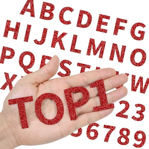 WRTUUED 108 Pieces Iron On Letters for Clothing, 3 Sets Red Glitter Small Heat Transfer Vinyl Letter with A-Z Iron on Numbers 0-9 Alphabet for Fabric Shirts, Jerseys, Bags Designs DIY Crafts - Image 1