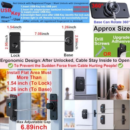 Bstsilver Fingerprint Refrigerator Lock Cabinet No Drill 20-User - Thumbnail 2