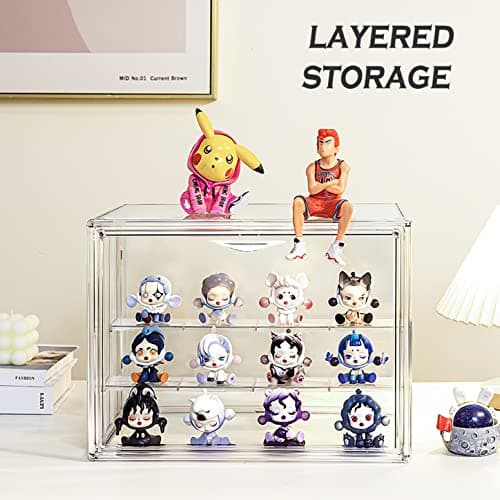 Attelite Clear Acrylic Display Case,3 Tier Display Shelf with 2 Movable Plate, Stackable Protection Showcase for Action Figures, Display Storage Box Countertop with Magnetic Door - Thumbnail 3
