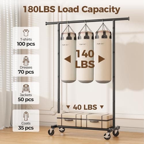 HYSEYY Clothes Rack, Clothing Rack for Hanging Clothes, Rolling Garment Rack Sturdy Coat Rack Portable Wardrobe Rack Metal Closet Rack for Bedroom Laundry Living Room, Black - Thumbnail 2