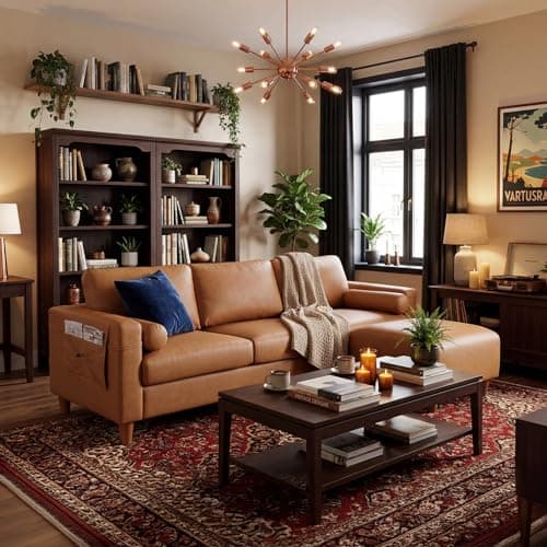 Vesgantti 100" L Shaped Faux Leather Couch with Movable Ottoman, 3 Seater PU Leather Sectional Sofa with Side Pocket, Mid Century Modern Modular Couch for Living Room, Bedroom, Cognac Tan - Image 1