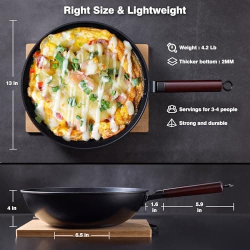 Teewe Carbon Steel Wok -13 Inch Woks & Stir-fry Pans Nonstick, Wok Pan with Lid Spatula and Dish Brush: Pre-Seasoned Flat Bottom Chinese Woks for Induction, Electric, Gas, All Stoves - Thumbnail 6