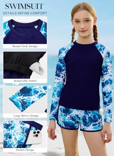 Alakuoti Girls Rash Guard Swimsuit Two Piece Bathing Suit UPF 50+ Sun Protection Long Sleeve Swimwear Size 10 Blue Ocean - Thumbnail 3