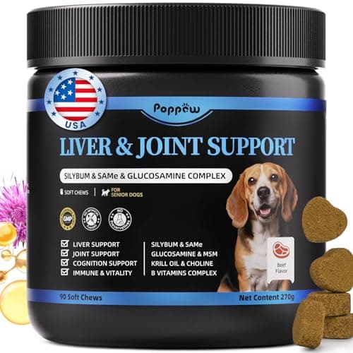 POPPAW Senior Dog Liver & Joint Supplement – Same, Milk Thistle (Silybin), Glucosamine, MSM for Liver Health Detox, Mobility, Joint Pain Support, Cognitive & Vitality Support, Beef Flavor, 90Ct - Image 1