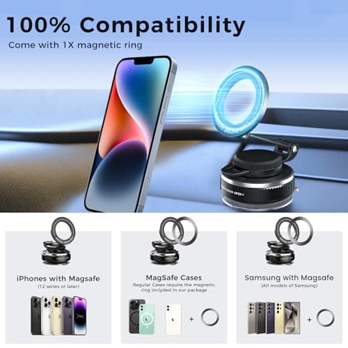 JOULPOUZA 360° Adjustable Car Phone Holder for Magsafe, Magnetic Vacuum Suction Cup Dashboard Cell Phone Mounts Car Mobile Stand for iPhone 17 Pro Max 16 15 14 & Android and Universal All Smartphones - Thumbnail 5
