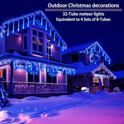 Christmas Lights Outdoors, 32 Tubes(Equivalent to 4 Sets of 8-Tubes) Meteor Shower Rain Lights - Blue lcicle Christmas Light Outdoor for Xmas Tree Wedding Party Holiday House Yard Decor, UL Plug - Thumbnail 2