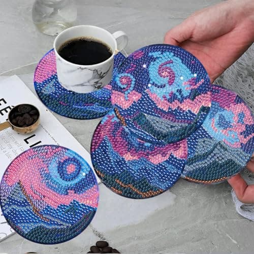 ijbnhd 8 PCS Aurora Diamond Art Coasters Diamond Painting Coasters Kits with Holder Aurora DIY Coaster for Beginners, Adults, Diamond Art Crafts Supplies 4x4 in (Cork Wooden Pad) - Thumbnail 4