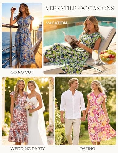 GRACE KARIN 2026 Summer Wedding Guest Dresses for Women Ruffle Sleeve Boho Midi Dress Smocked Flowy Floral Dress with Pocket Pink Orange XL - Thumbnail 4