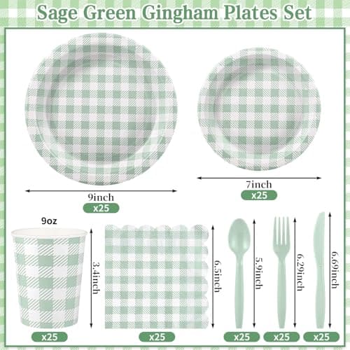 NatNarr 175 Pcs Gingham Paper Plates, Sage Green Baby Shower Decorations Include Sage Green Plates and Napkins Disposable Checkered Dinnerware Set for Bridal Shower, Wedding, Birthday - Thumbnail 2
