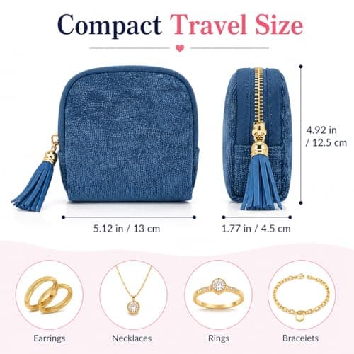 AOzT 2 Pcs Jewelry Organizer Pouches for Travel - Mini Jewelry Travel Case for Women, Soft Storage Bags with Tassel Zipper for Earrings Necklaces Rings Bracelets, Blue Pink - Thumbnail 4
