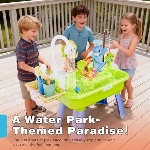 Cosminy 2026 Upgraded Water Table for Toddlers 1-3, Kids Play Sink with Running Water, Toddler Kitchen Sink Toy with Pump, Fishing Game & Sensory Water Play Toys for Boys Girls (Green) - Thumbnail 5