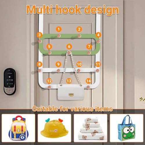 Dycoony Over The Door Hooks for Kids Backpacks - 21.5" Extra Long Door Hanger Low Reach, 14 Wooden Ball Coat Rack for Nursery Bedroom Bathroom, White & Green Purse Bag Towel Holder Organizer - Thumbnail 5