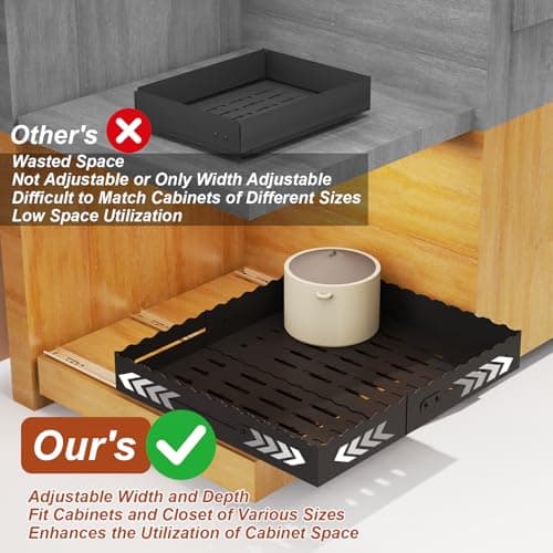 FOXHIVE Expandable Pull Out Cabinet Organizer - Adjustable Width 12-18" & Depth 13-23", 3-Rail Heavy Duty Slide Out Drawer, No-Drills Adhesive Mount, Fits Lip & Lip-Free Cabinets(Black) - Thumbnail 3