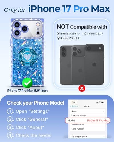 XYZ for iPhone 17 Pro Max Case, Glitter Bling Phone Cover with 2-Ring Heart Stand & Lanyard, Women Girls Luxury Rhinestone Shockproof Protective Case for iPhone 17 Pro Max, Blue - Thumbnail 2