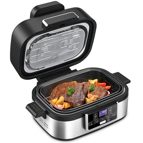 Joy Pebble Indoor Grill with Air Fry, 5-IN-1 Electric Smart Air Fryer Grill Combo, Stainless Steel with Air Grill, Air Fryer, Roast, Bake, Dehydrate, Beef & Fries, 5QT Large Capacity Smokeless, Black - Image 1