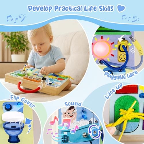 Teekdeer Busy Board Montessori Toys for Toddler 1-3 Year Old, Wooden Sensory Board with LED Light Switches,Bathroom Theme Travel Toys for 1+ Year Old Boy & Girl Birthday Gift - Thumbnail 4