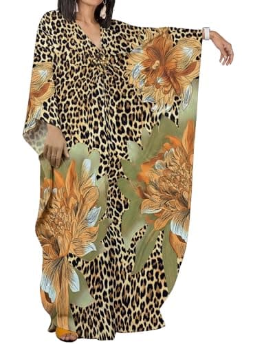 Bsubseach Womens Animal Print Kaftan Dresses Plus Size Caftan V Neck Batwing Sleeves Beach Coverup Summer Loungewear Dress Flower Leopard - Image 1