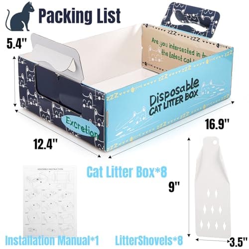 Hiceeden 8 Pcs Disposable Litter Box for Cats, 16.9" x 12.4" x 5.4" Travel Cat Litter Boxes with Disposable Scoops, Portable Cardboard Litter Box with Double Waterproof Coating, Blue - Thumbnail 2